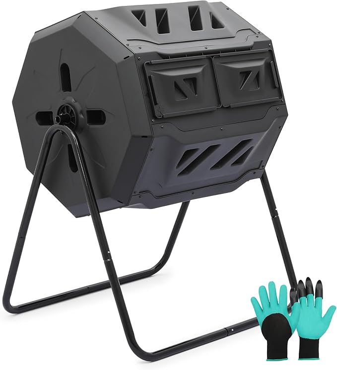 MoNiBloom 43 Gallon Compost Tumbler, Outdoor BPA Free Large Dual Chamber Tumbling Compost Bin All-Season Fast Working Tumbling Composter, High Volume Composter with 2 Sliding Doors