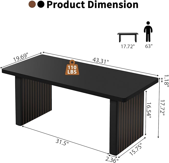 Rectangular Fluted Coffee Table, Farmhouse Wood Coffee Table Mid Century Modern Center Table Boho Living Room Tables for Living Room Office (Black, 19.69" D x 43.3" W x 17.72" H)