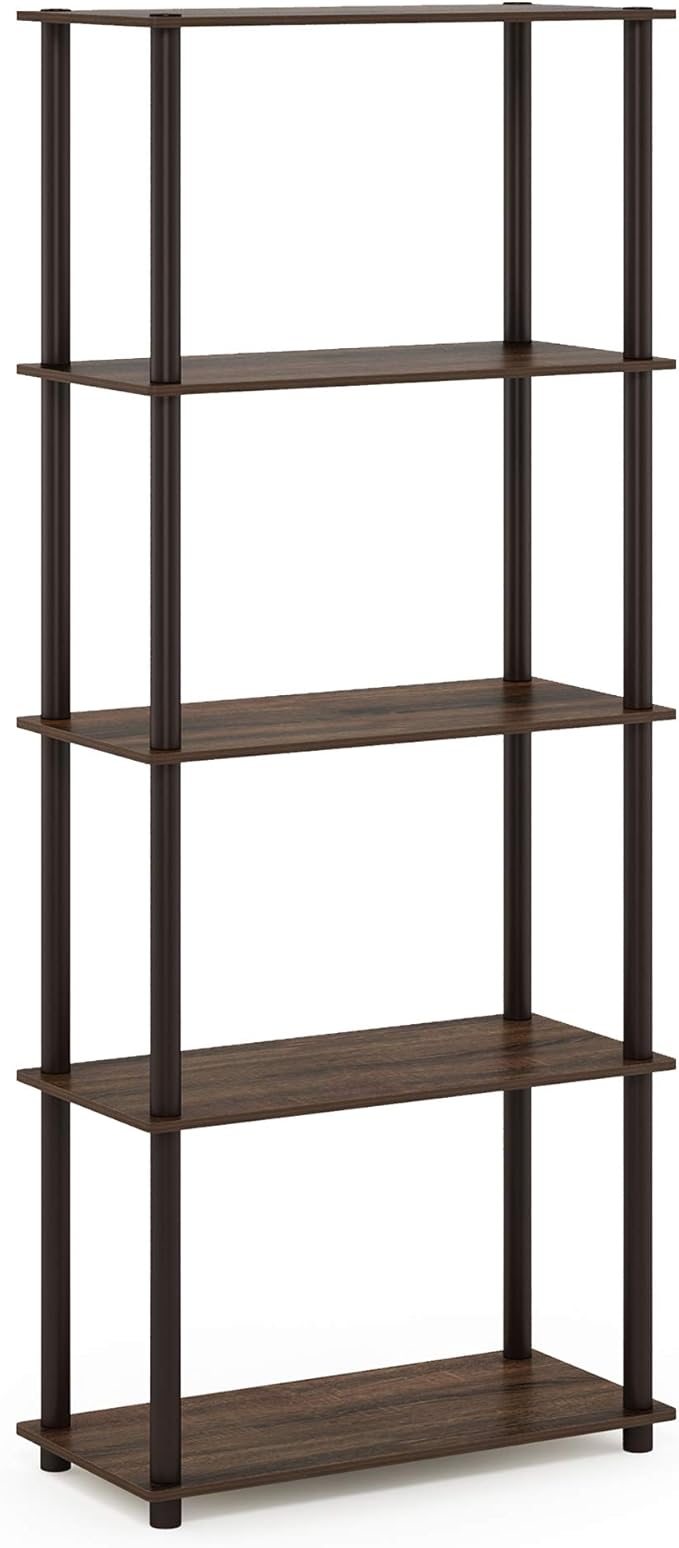 Furinno Turn-N-Tube 5-Tier Multipurpose Shelf / Display Rack / Storage Shelf / Bookshelf, Round Tubes, Walnut/Brown