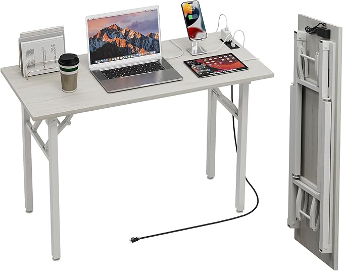 TEMI Small Computer Desk Folding Table - No Assembly, Compact 43.3" Foldable Desk with Power Outlets & USB Charging Port, Portable Small Office Desk, Ideal Mini Study Table for Narrow Spaces,White Ash