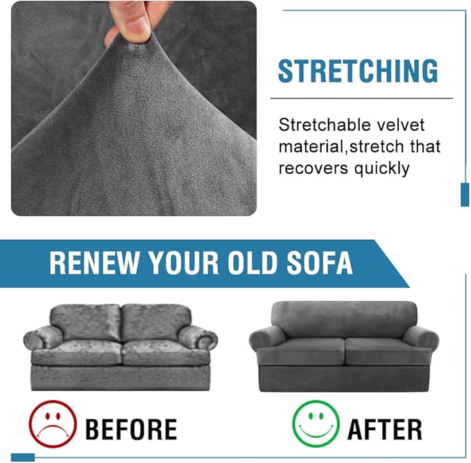 H.VERSAILTEX Sofa Cover 3 Piece T Cushion Sofa Slipcovers Thick Velvet Couch Cover Furniture Protector Stretch T Cushion Sofa Covers for 2 Cushion Couch with 2 T Cushion Covers Washable, Grey