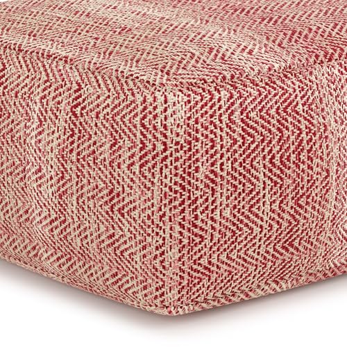 Nate 20" Wide Square Pouf in Red Handwoven Cotton
