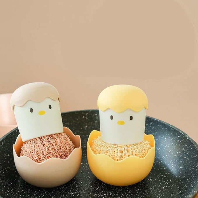 Cleaning Brush with Eggshell Chicken Themed Design and ForNano Fiber Cleaning Ball for Dishwashing and Pot Scrubbing with Ergonomic Handle and Compact Storage (2pcs-Pink)