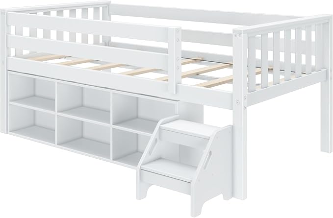 Max & Lily Soren Ultra Low Loft Bed, Twin Bed Frame for Kids with Bookcase, White