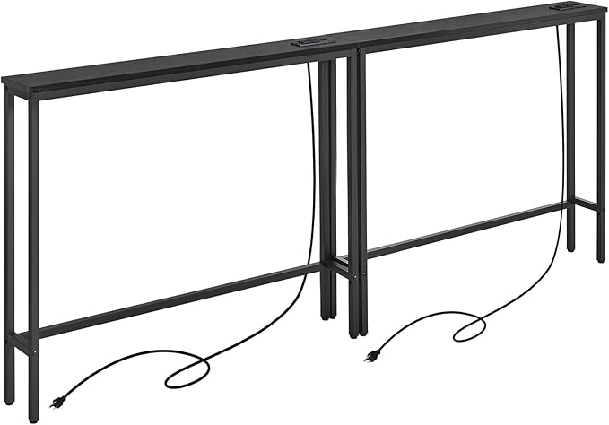 ELYKEN 2 Pack 5.9" Narrow Console Sofa Table with Power Outlets, 5.9" Dx39.4 Wx31.1 H Long Black Behind Couch Table with Metal Frame and Charge Station with 6.5’ Extension Cord
