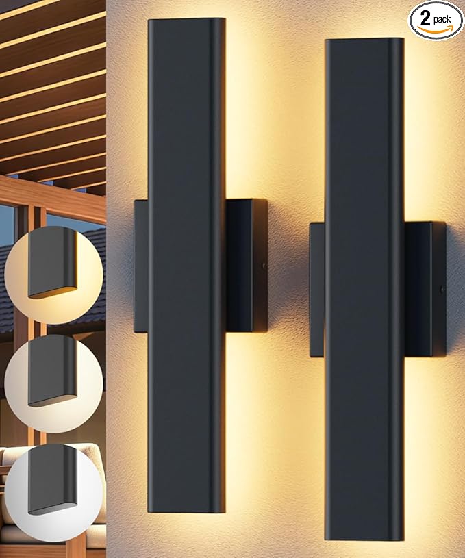 Aipsun 2 Packs Outdoor Wall Sconce, 3000K 4000K 6000K, 15.75in Modern Black