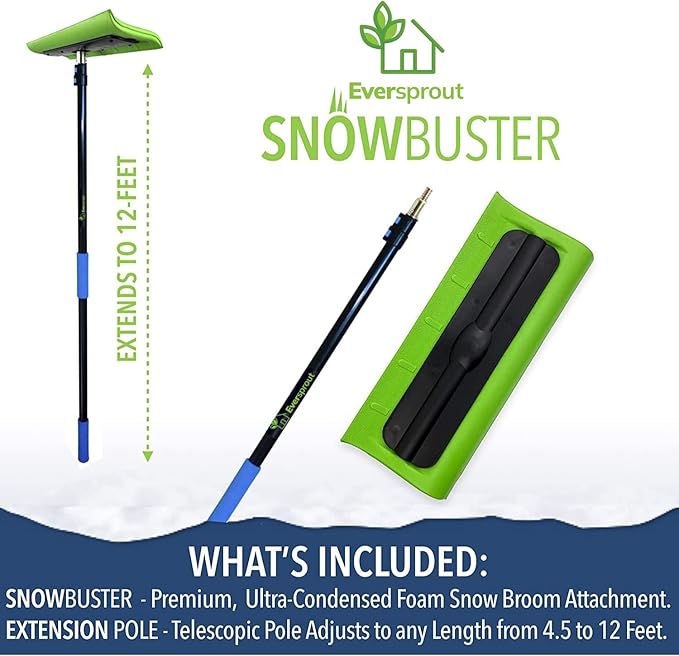 EVERSPROUT Never-Scratch SnowBuster and Ice Scraper 5-to-12 Foot (Up to 18 ft Standing Reach) | Pre-Assembled Extendable Roof Rake for Snow Removal | Lightweight Aluminum, Soft Foam Pad