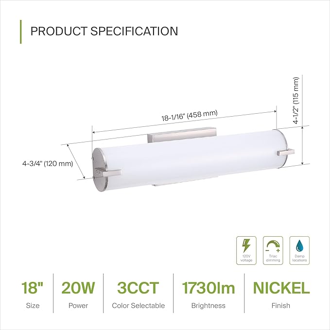 ASD LED 18" Vanity Wall Mount Light Fixture, Linear Bathroom Lighting Bar | 3CCT