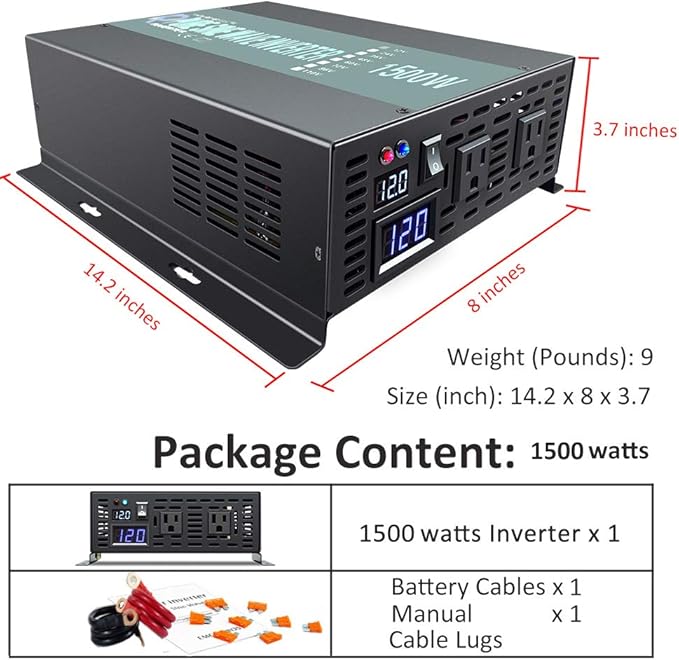 WZRELB RBP150012VCRT 1500W 12V 120V Pure Sine Wave Solar Power Inverter with Remote Control Switch