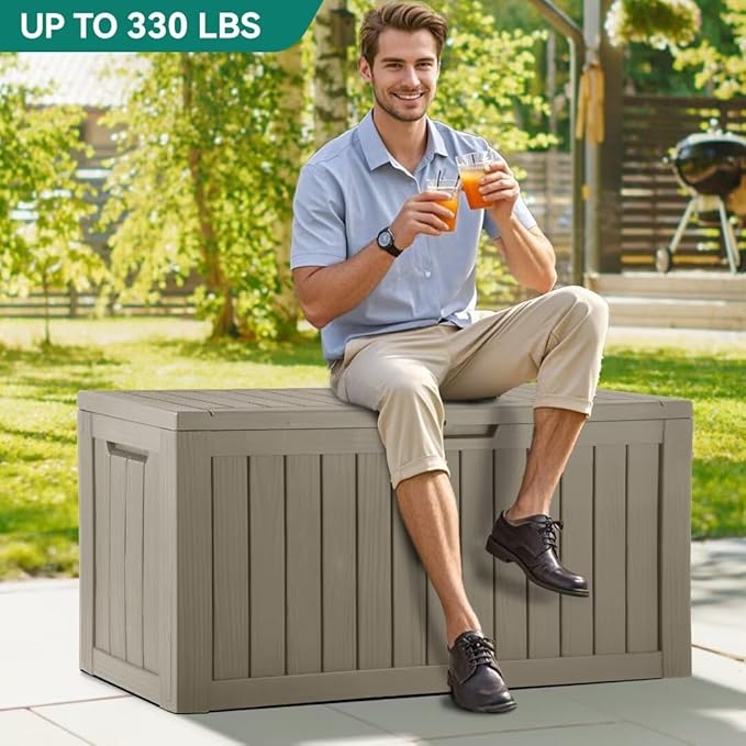 YITAHOME 80-Gallon Waterproof Resin Outdoor Storage Box, Lockable Storage Container for Outdoor Furniture, Cushion Storage, Pool Accessories, Garden Tools and Sporting Gear, Taupe