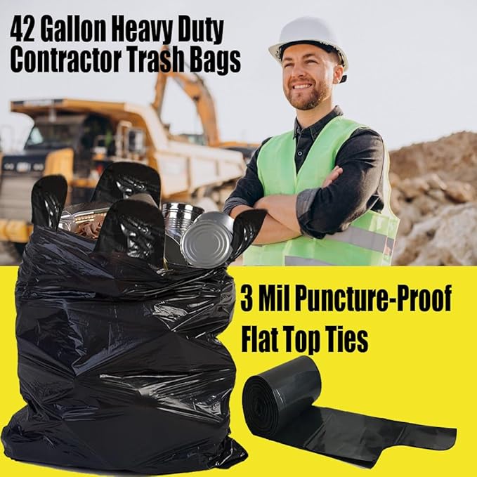 Contractor Heavy Duty Trash Bags 42 Gallon | 10 Count | 3 MIL | 32.8" X 46" | Large Black Flap Tie Construction Garbage Bags for Business Home Commercial, Industrial, Storage, Outdoor