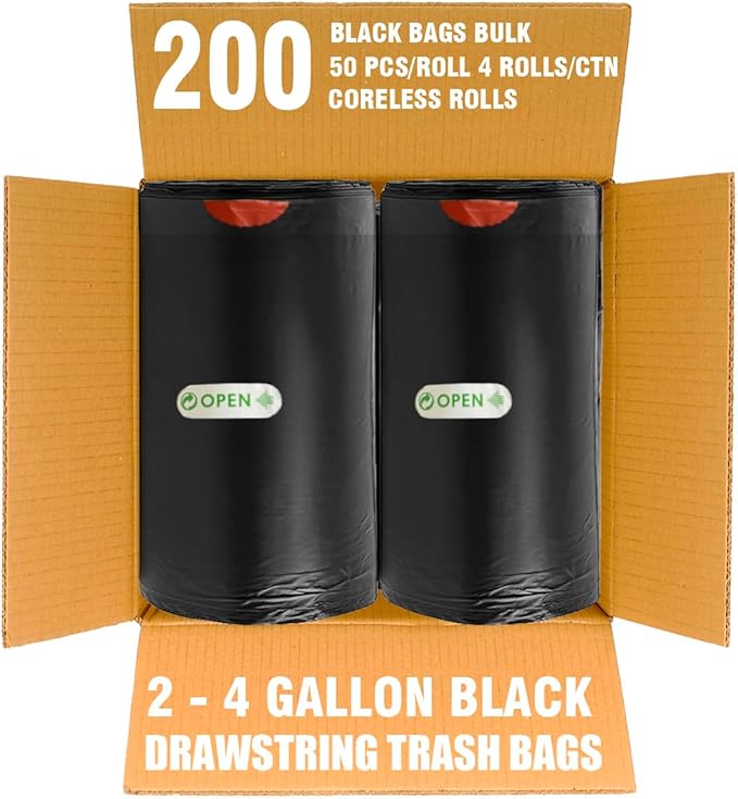 2-4 Gallon Trash Bags Drawstring, 200 Count Bulk Value Pack, Black & Unscented Small Multi-purpose Garbage Bags for Business Home Bathroom Kitchen Commercial and Industrial