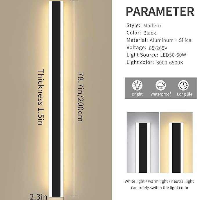Mikeru Modern Long LED Wall Light, 3000k-6000k Dimmable Outdoor Wall Sconce
