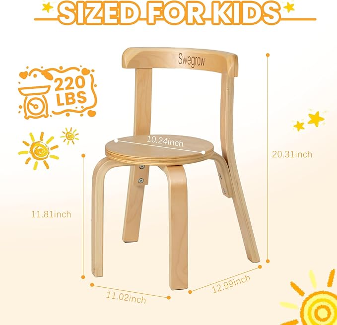 Swegrow Wooden Kids Chair, Toddler Chair for Table, Kids Stackable Chairs, Kid Wooden Furniture for Family/Playroom/Classroom（Set of 4-Natural Wood）