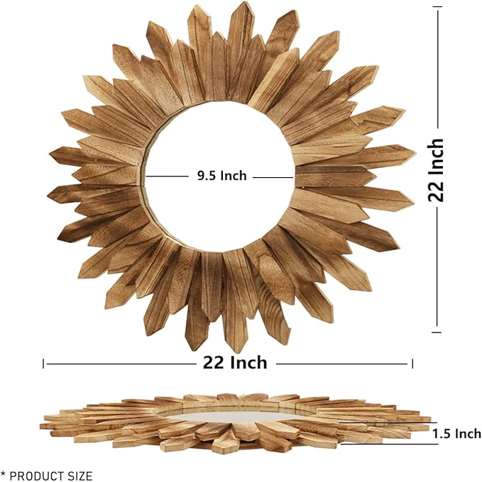 LOSOUR 2 Pack 22 Inch Boho Wall Sunburst Mirror Rustic Round Wood Decorative Mirror Boho Wall Art Decor for Entryway Bedroom Living Room