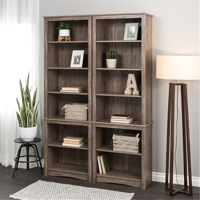 Prepac Sonoma Tall 6-Tier Bookcase 80"H with 2 Adjustable Shelves, Drifted Gray Storage Cabinet, Modern Display Cabinet, Bookshelf with Storage Shelves for Home Office, Living Room, Bedroom Organizer