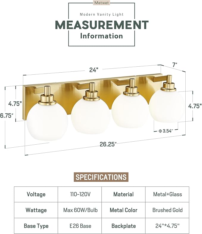 Bathroom Light Fixtures, 4 Light Brushed Gold Vanity Light, 26 Inch Modern Wall