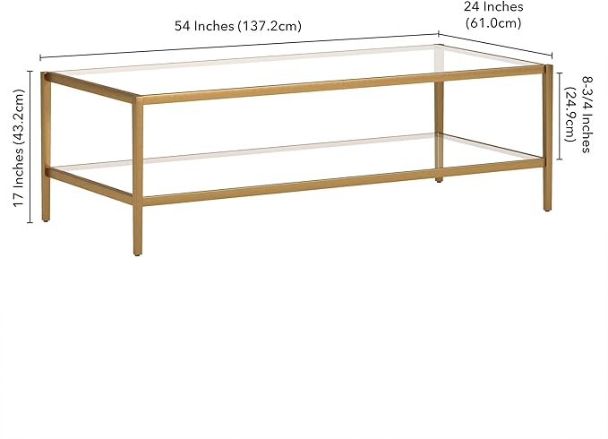 Henn&Hart 54" Wide Rectangular Coffee Table with Glass Shelf in Antique Brass, Modern coffee tables for living room, studio apartment essentials