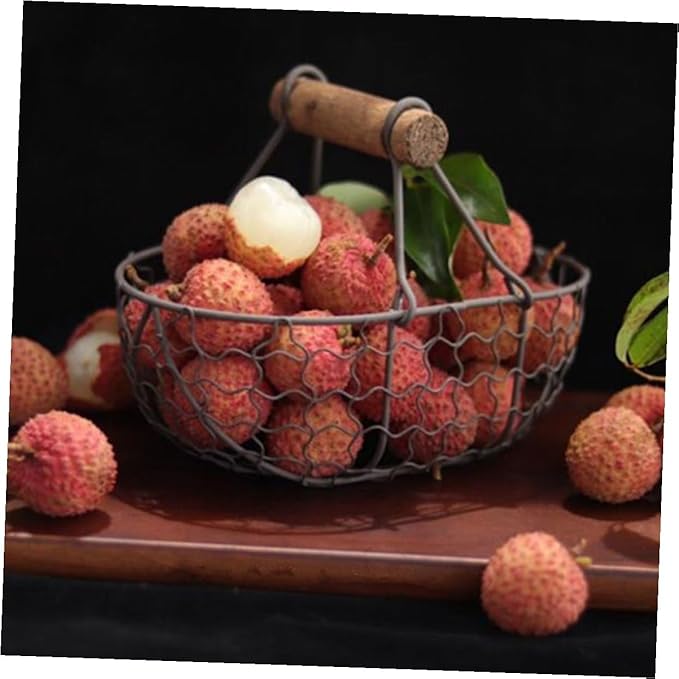 VICASKY 2pcs Retro Vintage Wire Storage Baskets with Wooden Handles, Farmhouse Style Metal Fruit and Egg Collecting Basket Set for Kitchen and Household Organization
