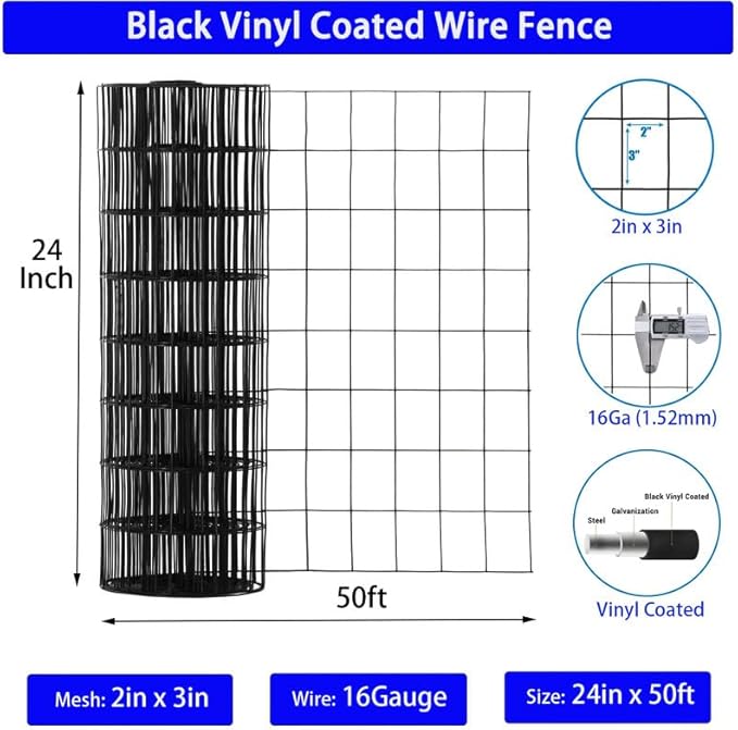 Wire Fence 2in x 3in Black Vinyl Coated Wire Mesh 24" x 50' Welded Wire Fencing 16Gauge, PVC Coating Chicken Wire Fence,Welded Wire Mesh Roll for Garden Guard Fence Poultry Cage Net Fencing