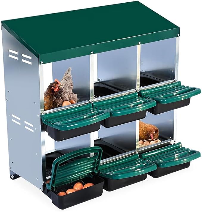 6 Hole Roll Away Chicken Nesting Box - Egg Collection System w/Anti-Peck Tray, Wall Mount or Freestanding, Galvanized Steel & Plastic for Easy Cleaning