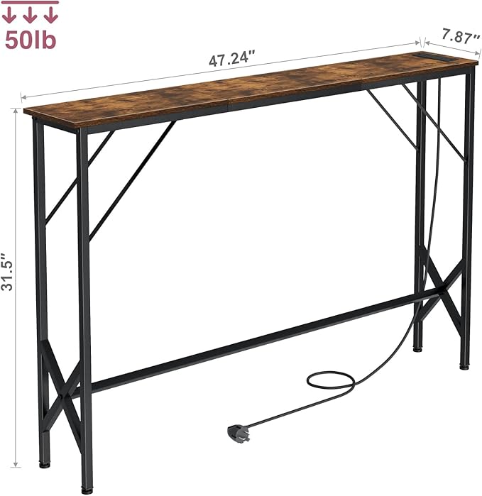 47.2'' Console Table, Skinny Entryway Table with Fast-Charging Station, Narrow Long Sofa Table, Behind Slim Couch Table for Entrance, Hallway, Living Room Decor ST-BR120-1