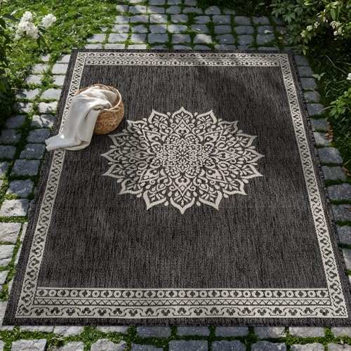 Outdoor Rug 10x14 Medallion Darkgray Modern Large Area Rugs for Indoor and Outdoor Patios Kitchen and Hallway Mats Washable Porch Deck Outside Carpet (140 Sq Ft)
