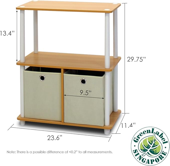 Furinno Go Green 3-Tier 2-Bin Multi-Purpose Storage Shelf (Set of 2), Beech