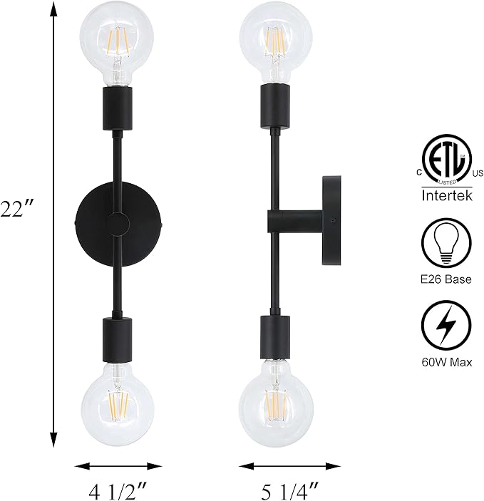 XiNBEi Lighting 2-Light Black Bathroom Lighting Over Mirror, Modern Sconces