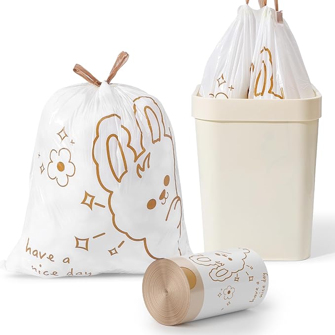 4 Gallon Trash Bags with Cute Rabbit Printed & Drawstring, Tear-Resistant Small Bathroom Garbage Bags, Heavy-Duty Trash Can Liners for Home/Office, 60 Counts
