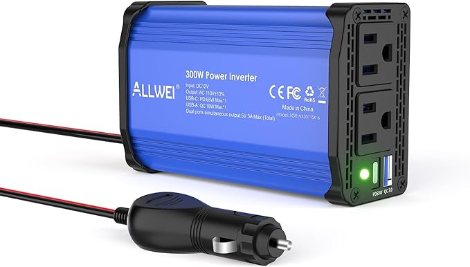ALLWEI 300W Car Power Inverter, DC 12V to 110V AC Converter Car Plug Adapter Outlet with 65W PD USB-C & 18W USB-A Fast Charge, Car Cigarette Lighter Charger for Phone, Laptop, Tablet - Blue