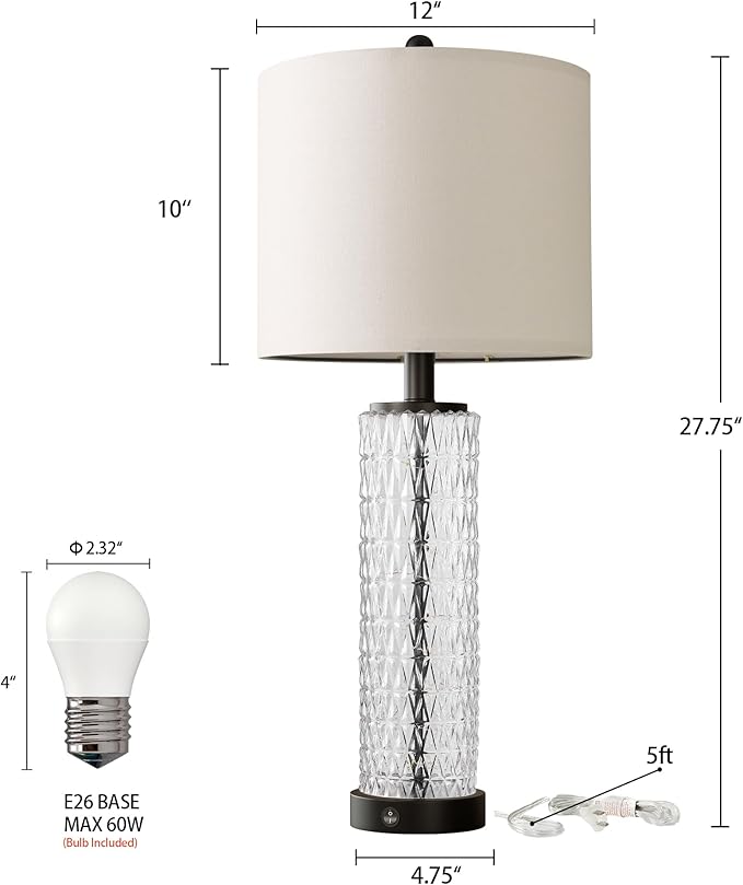 Oneach 27.75” Table Lamps Set of 2, USB A+C, Glass Lamps