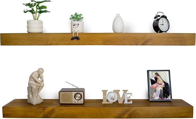 Floating Shelves 3 inch Thick for Wall Set of 2,Solid Pine Wood Wall Mount Shelf for Kitchen Living Room Bedroom Bathroom,8" D x 60" L x 3" H-Gold Oak
