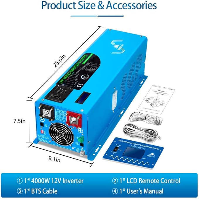 4000W 12V Pure Sine Wave Power Inverter DC 12V Input to AC 120V Output Converter, Low Frequency Inverter Charger for Home, RV, Truck, Off-Grid Solar Wind Power Inverters, Blue