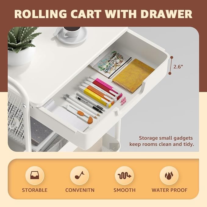 3 Tier Rolling Cart with Drawer, Metal Rolling Utility Cart on Wheels with Pegboard, Art Cart Storage Organizer with Tabletop for Living Room, Office, Bedroom (White)