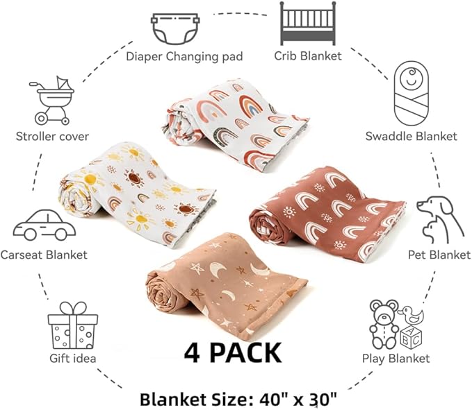 4 Pack Soft Boho Baby Blankets for Unisex Girls or Boys - Breathable Gender Neutral Nursery Double Layer Blankets with Dotted Backing and Boho Print for Newborn Toddlers