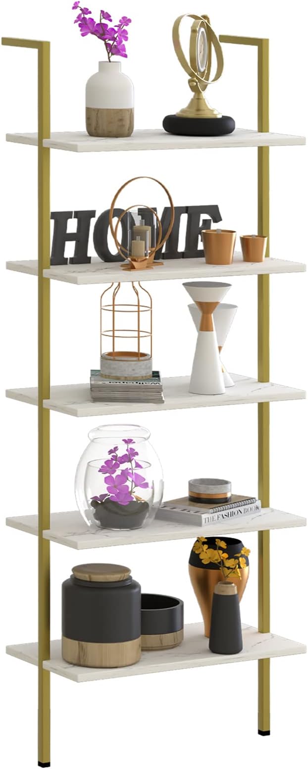 5 Tiers Ladder Shelf White Marble Modern Bookshelf Open Tall Wall Mount Bookcase Standing Leaning Wall Shelves Industrial Decorative