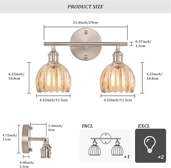 Bathroom Light Fixtures, 2-Light Vanity Wall Light Over Mirror