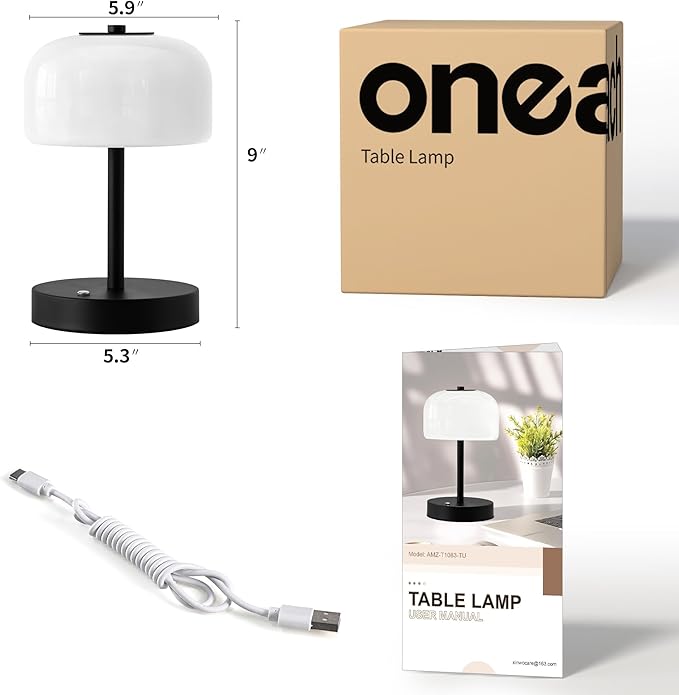 Oneach 9" Small Portable Cordless Table Lamp, 3-Way Dimmable Touch Rechargeable