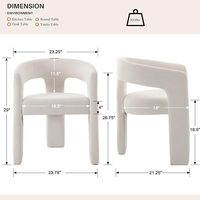 White Chenille Dining Chairs Set of 6, Modern Barrel Dining Room Chairs Upholstered Accent Chair with Arms and Round Back for Living Room Kitchen Armchair No Assembly Needed