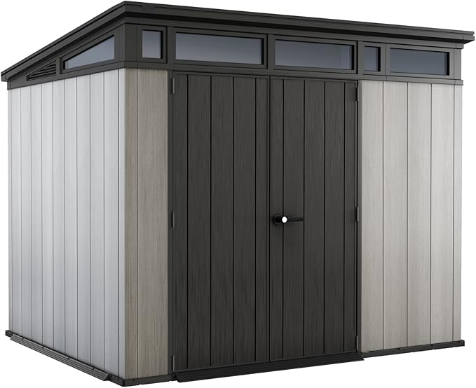 Keter Artisan 9x7 Foot Large Outdoor Shed with Floor with Modern Design for Patio Furniture, Lawn Mower, Tools, and Bike Storage, feet, Grey/Black