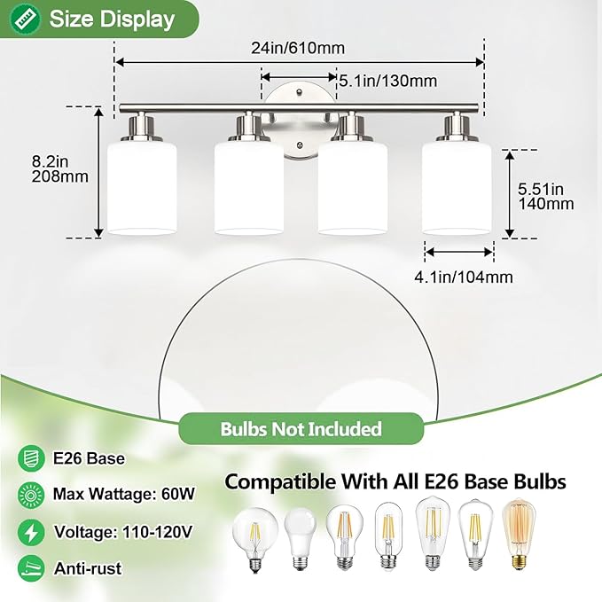 4-Light Bathroom Light Fixtures, Brushed Nickel Modern Vanity Lights