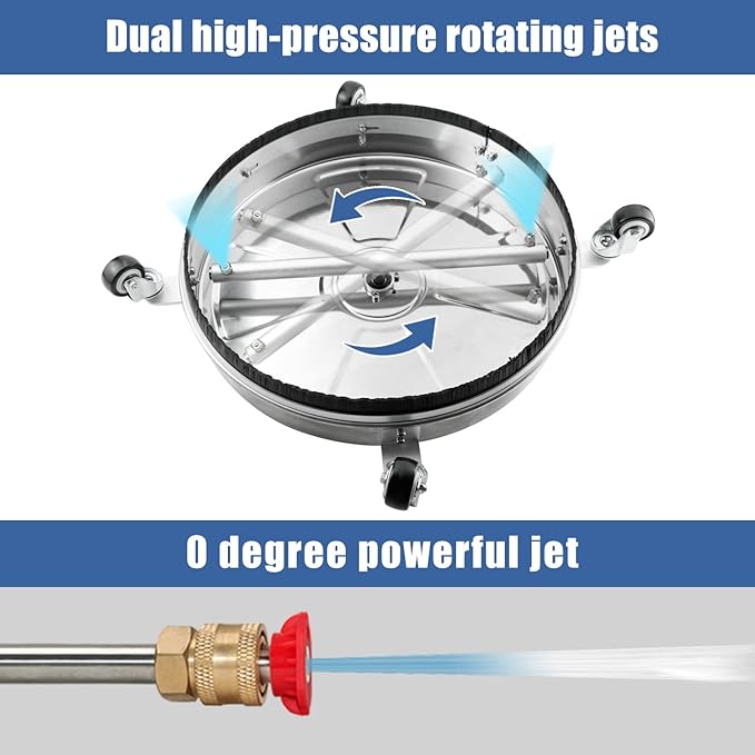 JANZ 18" Pressure Washer Surface Cleaner with 4 Wheels,1/4" Quick Plug,Stainless Steel Housing,2 Extension Wand Attachments, 3 Spray Nozzles and 2 Replacement Nozzles, 4000 PSI