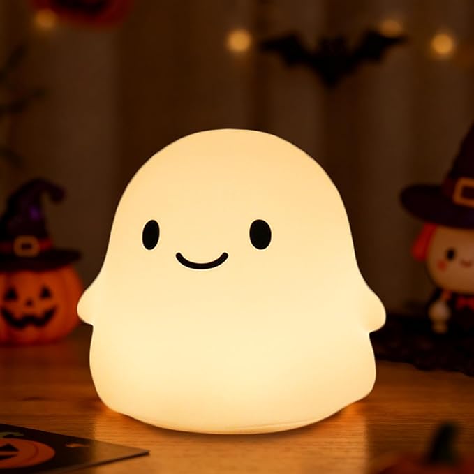 Ghost Night Light for Kids, Squishy Silicone Lamp - 50H Low/12H High, 2 Brightness, Tap-Control, USB Rechargeable, for Kids Halloween Decor & Nursery, Great Ghost Gifts