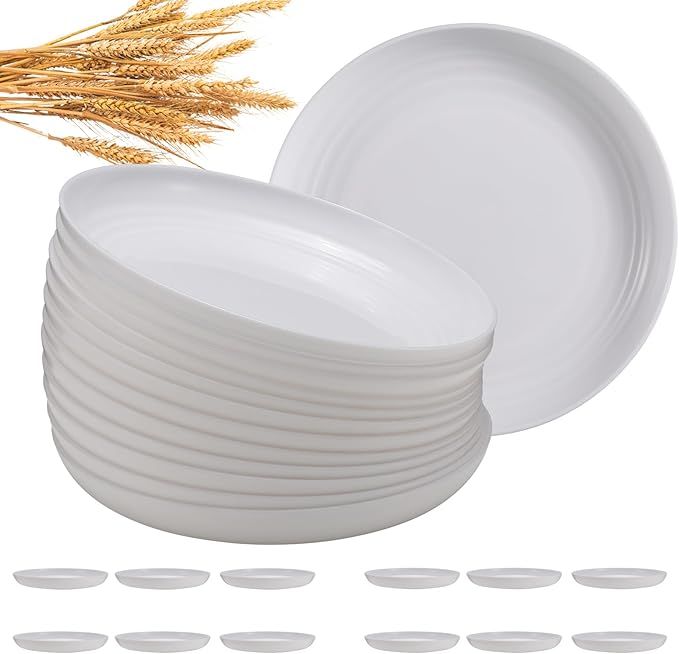 12 Pcs Unbreakable Deep Dinner Plates Set, 9 inch Reusable Plastic Wheat Straw Plates, Microwave and Dishwasher Safe Plate for Kitchen, Lightweight Plate for Dessert, BPA Free, White