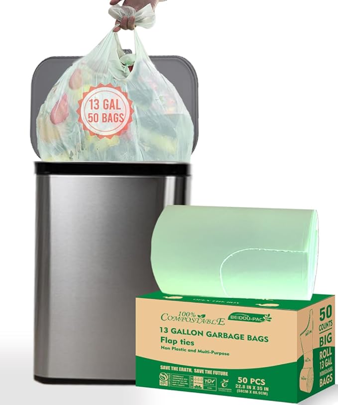 13 Gallon Flap Tie Compostable Trash Bags, 50 Count, Compost Bags Tall Kitchen Trash Bags, Sturdy Biodegradable Garbage Bags Food Scrap Waste Bags, ASTM D6400, US BPI Certified, Green