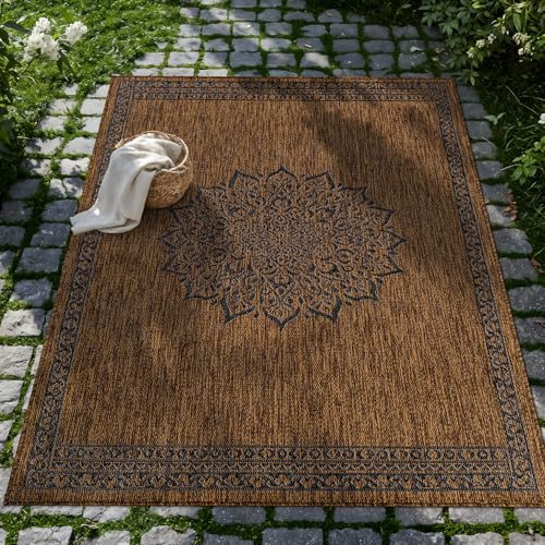 Outdoor Rug 9x12 Medallion Gold Modern Large Area Rugs for Indoor and Outdoor Patios Kitchen and Hallway Mats Washable Porch Deck Outside Carpet (108 Sq Ft)