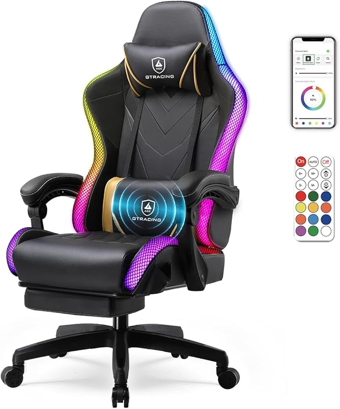 GTPLAYER Gaming Chair, RGB Gaming Chairs with LED Lights, Video Gaming Chair for Adults, Ergonomic Computer Gaming Chair with Linkage Armrest, Reclining Chair with Headrest (with Massage, Black)