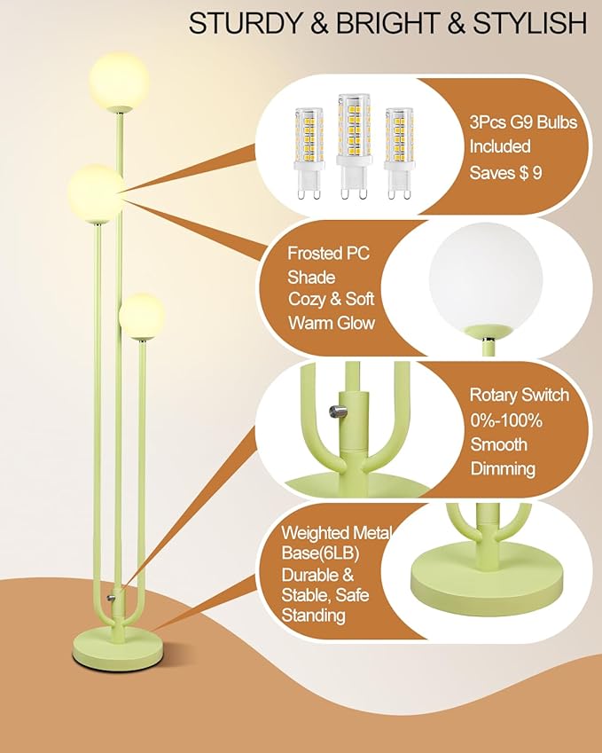 Lightdot 63IN Floor Lamp with 3 Green U-Pole, Modern Floor Lamp with 3000K Soft