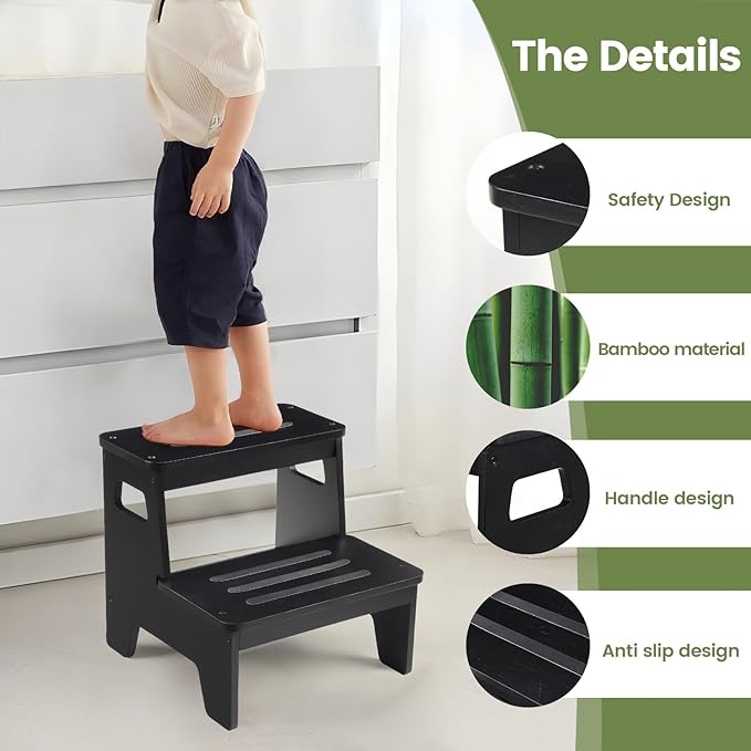 Wooden Step Stools for Kids, Heavy Duty Bamboo 2-Step Stepping Stools for Toddlers, DIY Non-Slip Pads & Handles, for High Bed, Bathroom, Toilet, Kitchen, RV, Black